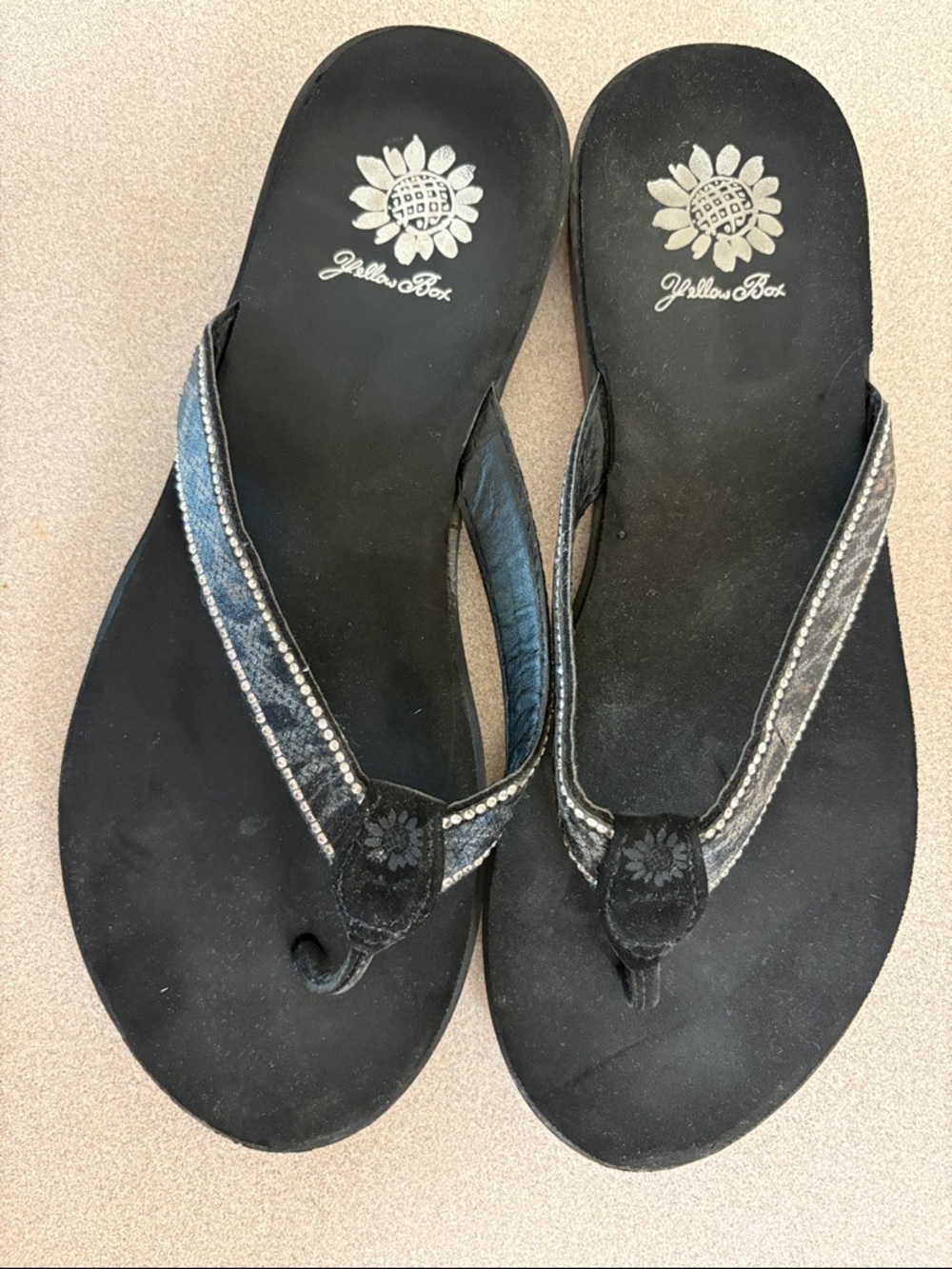 Yellow Box Black Rhinestone Trim Flip Flops
